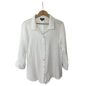 Toofan | Women’s White Gauze Oversized Button Down Shirt Back Button Detail Sz S